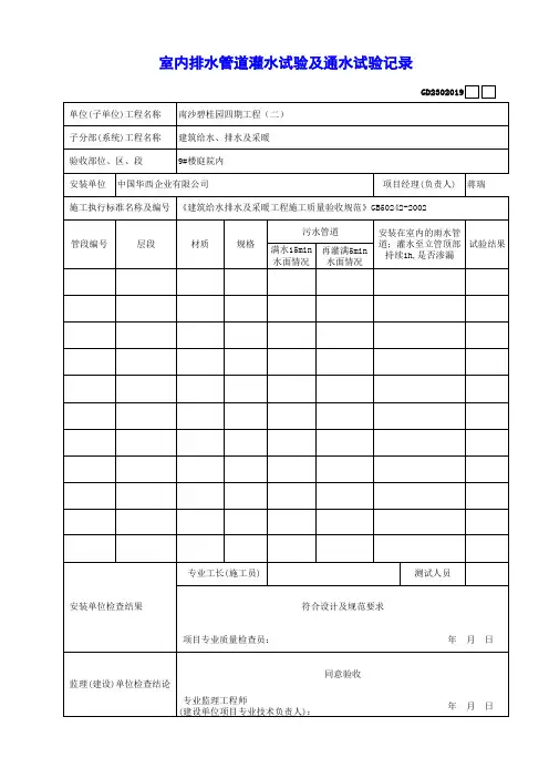 建筑设备安装工程表格 室内排水管道灌水试验及通水试验记录