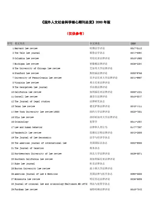 国外人文社会科学核心期刊总览(仅作参考)