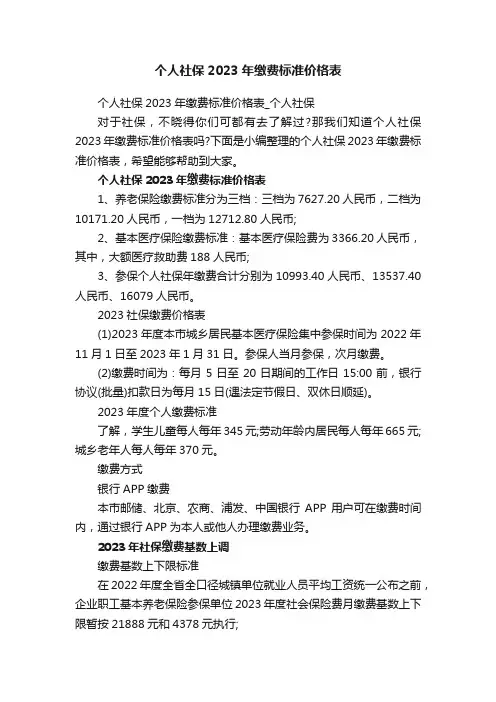 个人社保2023年缴费标准价格表