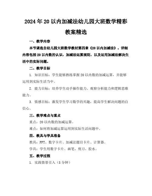 2024年20以内加减法幼儿园大班数学精彩教案精选
