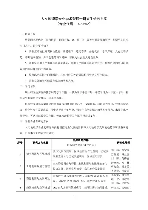 人文地理学专业培养方案-江西师范大学地理与环境学院