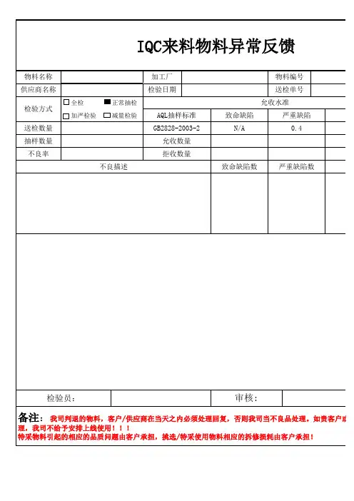 IQC来料检验异常反馈单