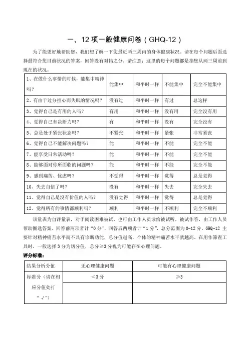 12项一般健康问卷,抑郁症筛查量表,广泛性焦虑障碍量表,失眠严重指数,创伤后应激障碍筛查量表