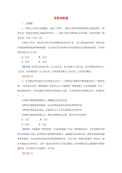 高中政治一轮复习第一单元文化与生活1文化与社会练习(含解析)新人教版必修3
