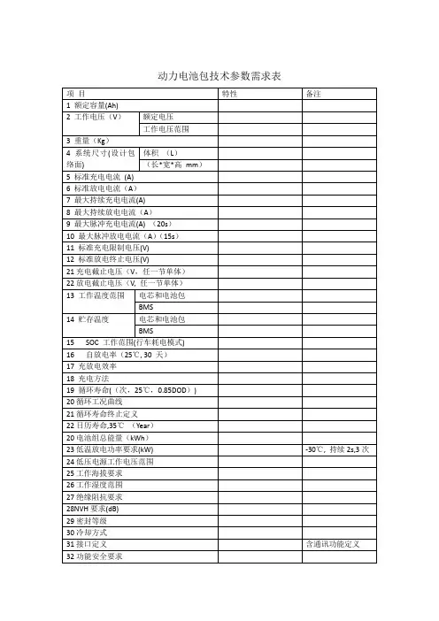 动力电池包技术参数需求表