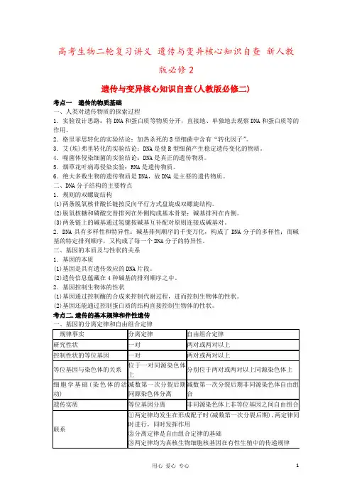 高考生物二轮复习讲义 遗传与变异核心知识自查 新人教版必修2