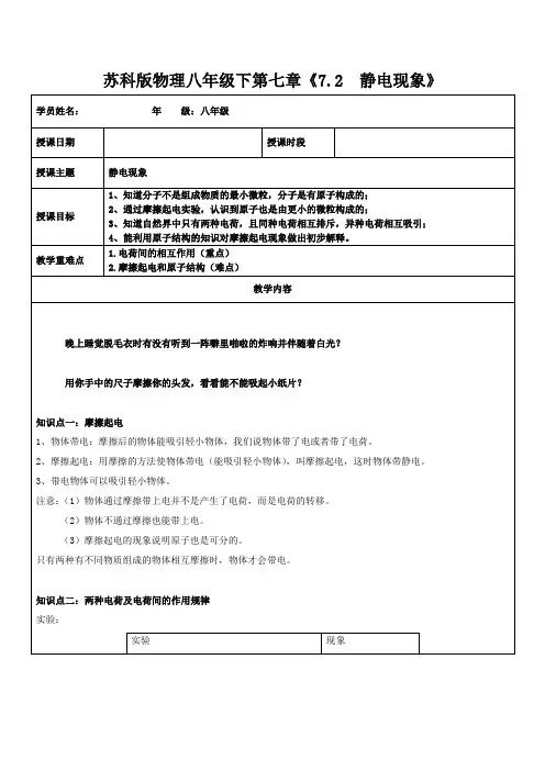 苏科版物理八年级下第七章《7.2  静电现象》