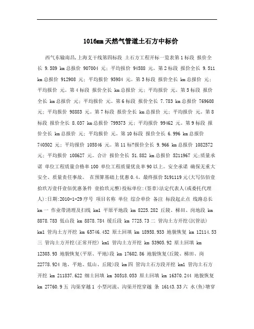 1016mm天然气管道土石方中标价