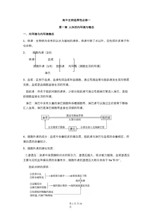 (新教材)高中生物选择性必修1全册分章节知识点汇总