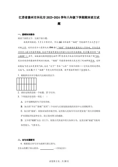 江苏省泰州市兴化市2023-2024学年八年级下学期期末语文试题