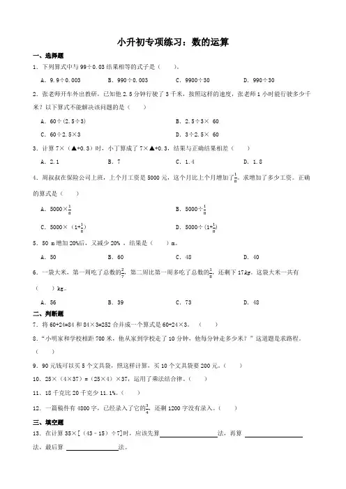 六年级下册数学人教版小升初专项练习：数的运算(专项训练)