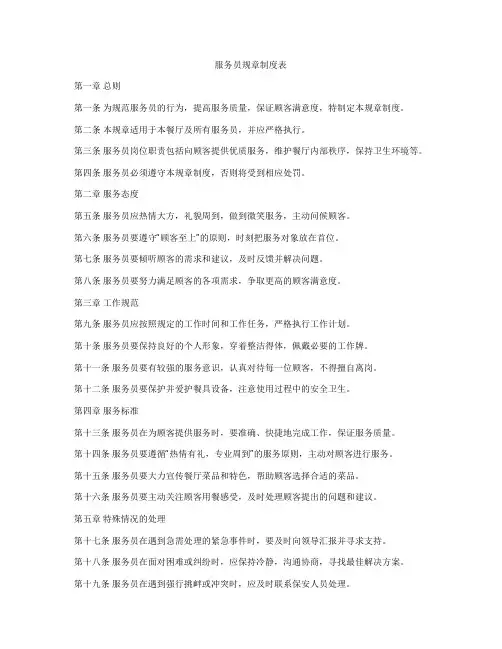 服务员规章制度表