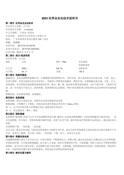 白电油MSDS化学品安全技术说明书
