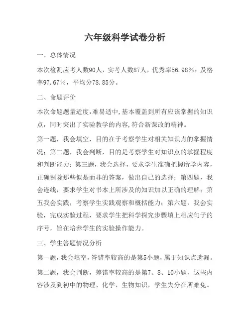 六年级科学试卷分析