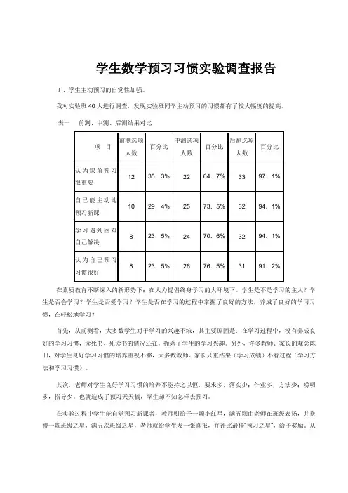 学生数学预习习惯实验调查报告