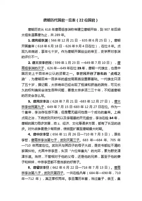 唐朝历代国君一览表（22位国君）
