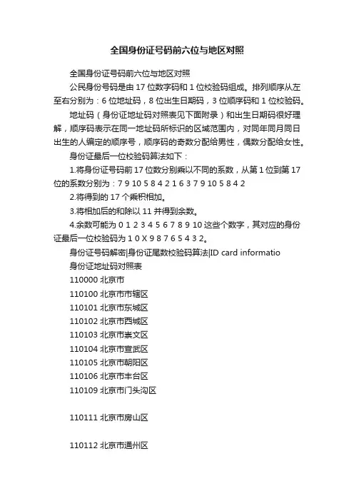 全国身份证号码前六位与地区对照