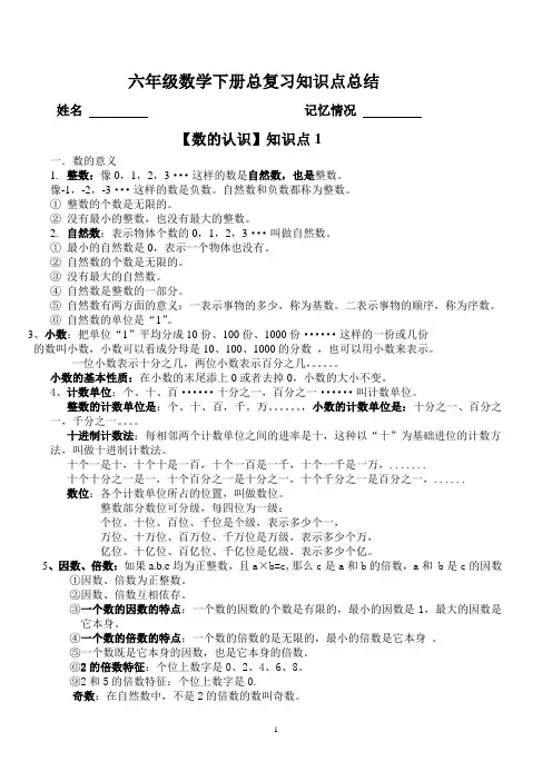 2017六年级数学下册总复习知识点总结知识点1  整数、小数(因数、倍数)