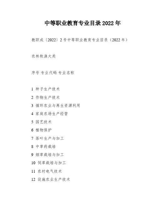 中等职业教育专业目录2022年