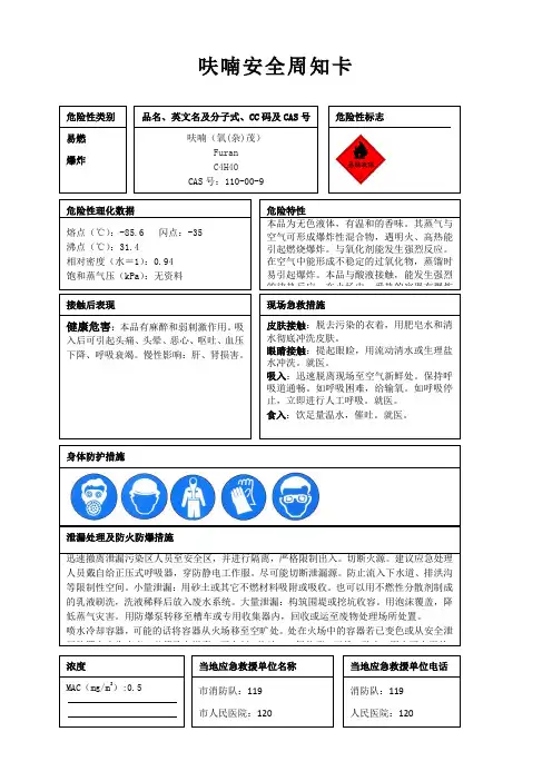 呋喃安全周知卡、职业危害告知卡、理化特性表