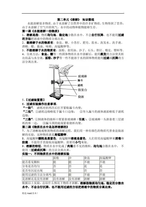 小学四年级科学上册第二单元溶解知识总结