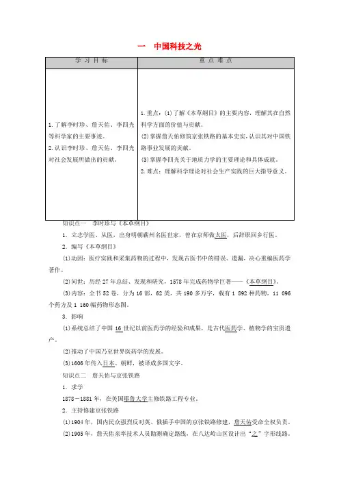 高中历史专题6杰出的中外科学家1中国科技之光学案人民版选修