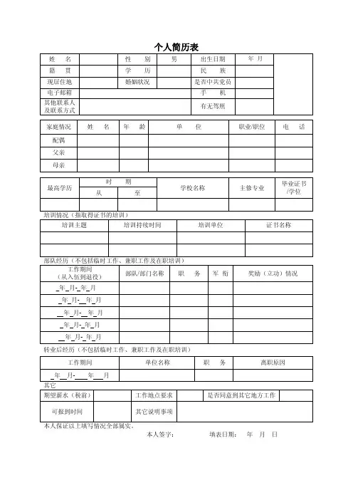 转业军官个人简历表