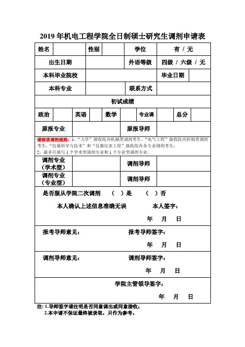 2019年机电工程学院全日制硕士研究生调剂申请表.doc