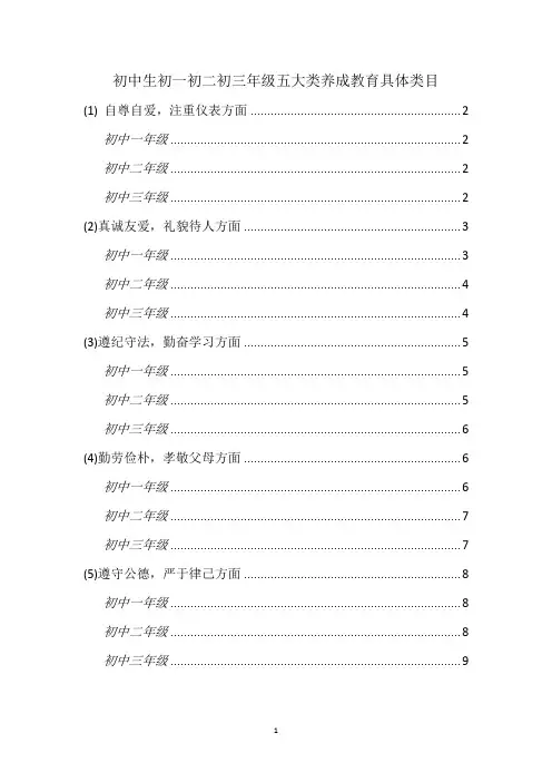 初中生初一初二初三年级五大类养成教育具体类目