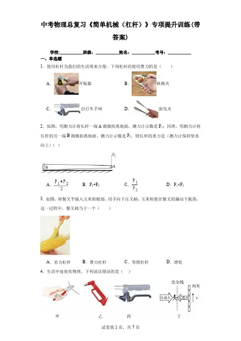 中考物理总复习《简单机械(杠杆)》专项提升训练(带答案)
