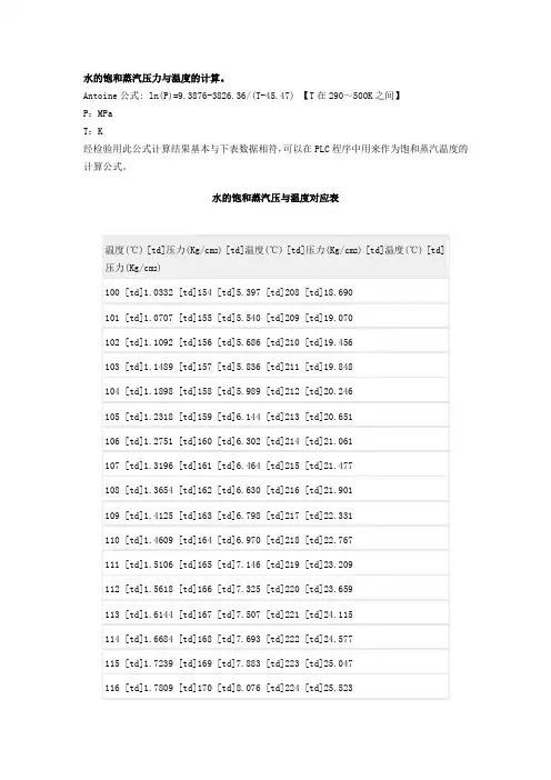 水的饱和蒸汽压力与温度的计算