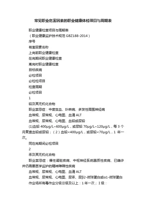 常见职业危害因素的职业健康体检项目与周期表