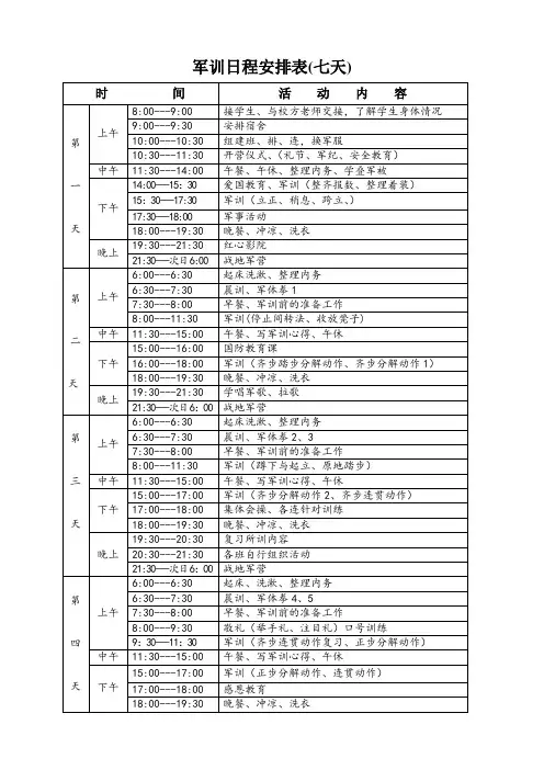 军训计划日程安排表(七天)
