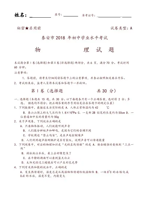 山东省泰安市2018年中考物理试题(含答案)