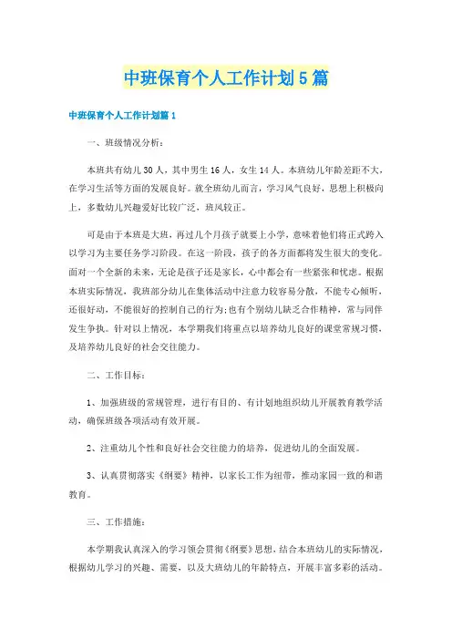 中班保育个人工作计划5篇
