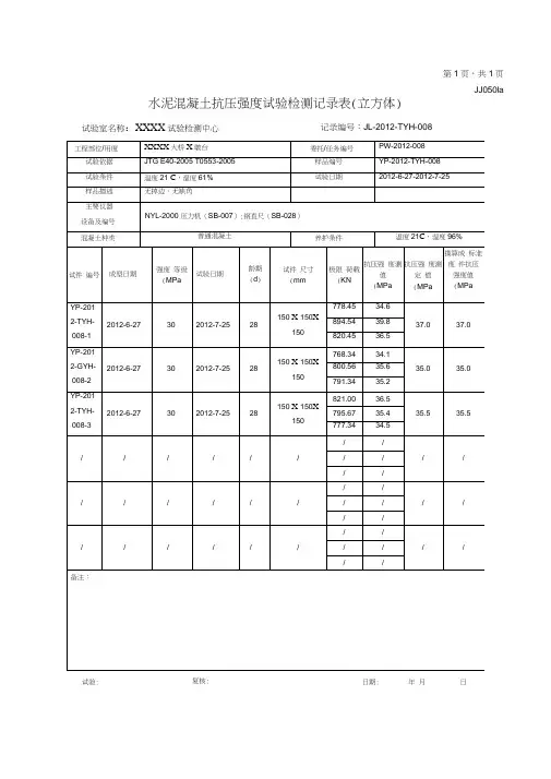 (完整word版)水泥混凝土抗压强度试验检测记录表