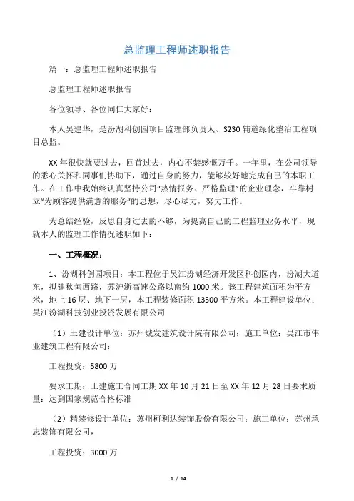 总监理工程师述职报告