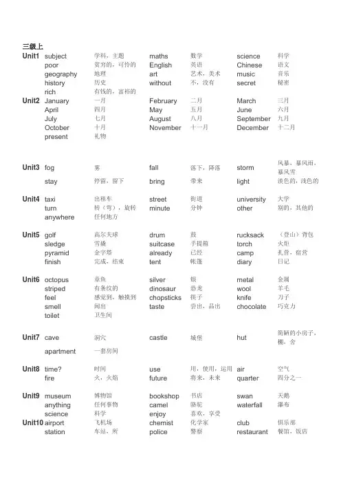 剑桥少儿英语三级词汇表