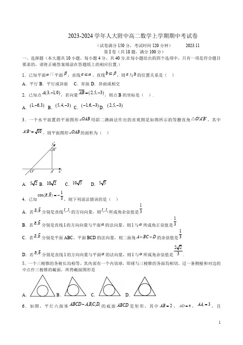 2023-2024学年人大附中高二数学上学期期中考试卷附答案解析