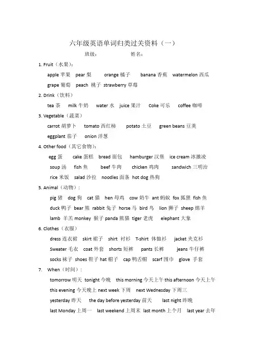 六年级英语单词归类过关资料