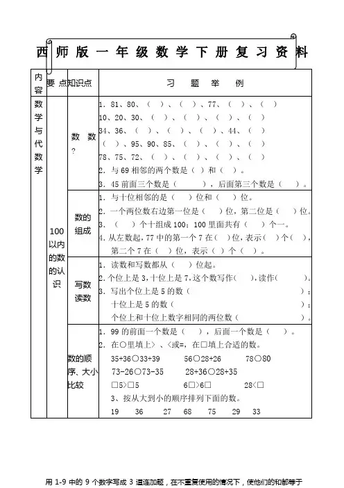 西师版一年级数学下册复习整理版