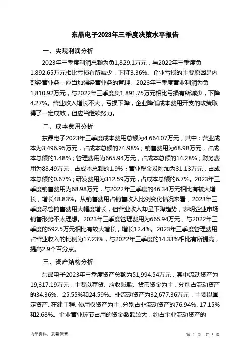 002199东晶电子2023年三季度决策水平分析报告