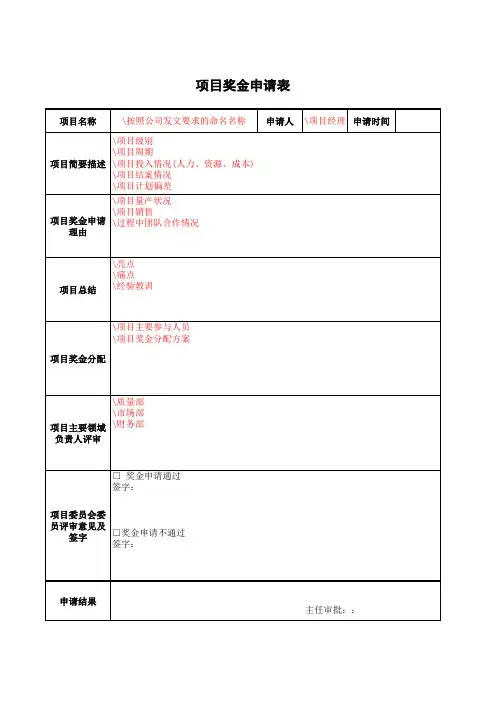 项目奖金申请表