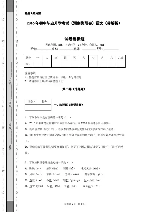 2016年初中毕业升学考试(湖南衡阳卷)语文(带解析)