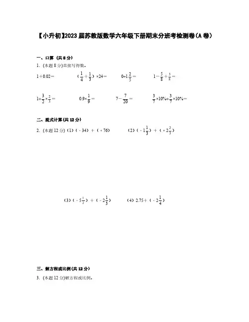 【小升初】2023届苏教版数学六年级下册期末分班考检测卷(A卷)含解析