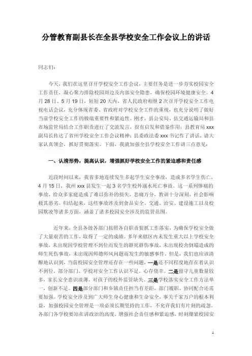 分管教育副县长在全县学校安全工作会议上的讲话