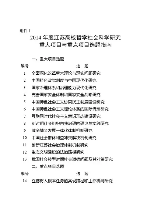 2014年度江苏高校哲学社会科学研究重大项目与重点项目选题指南