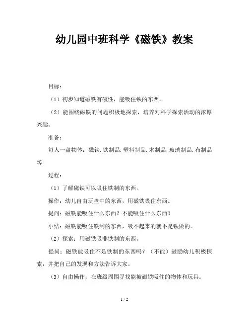 幼儿园中班科学《磁铁》教案