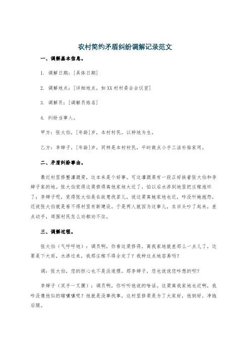 农村简约矛盾纠纷调解记录范文