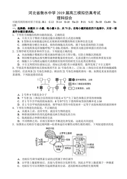 河北省衡水中学2019届高三模拟仿真考试理科综合试题及答案